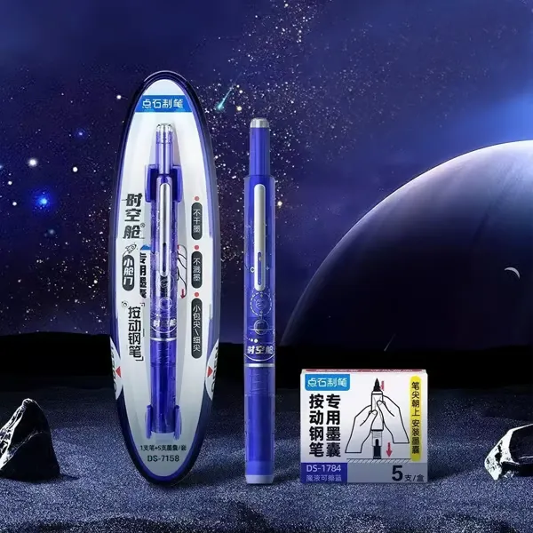 Fountain Pen Retractable:0.38mm Blue&Black Ink Transparent Barrel Includes 5 Refillable Ink Cartridges