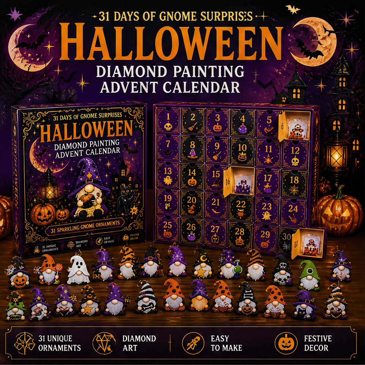🔥HOT SALE 49% OFF - 🎃✨ 31 Days of Gnome Surprises Halloween Diamond Painting Advent Calendar