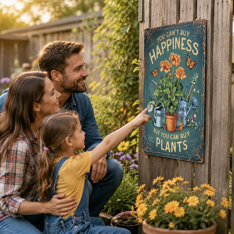 🌿🪴 Vintage Metalen Tuinbord "Je kunt geen geluk kopen, maar je kunt wel planten kopen" 🌼