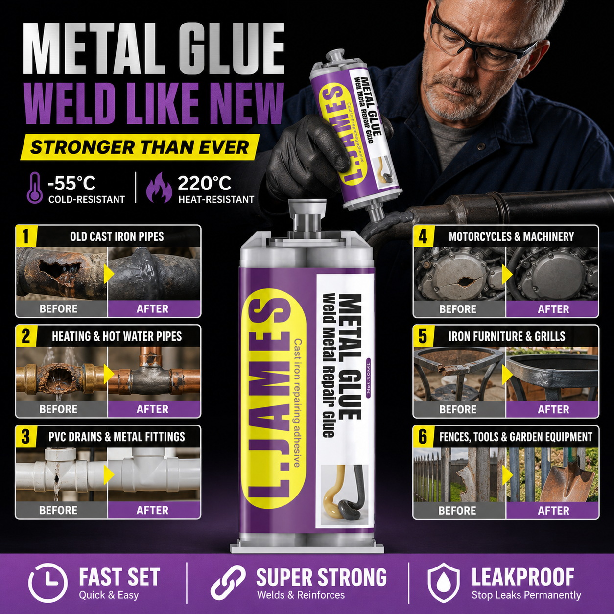🔥Hot Sale 49% OFF🔥 Metal Weld Repair Glue – 2-Part Epoxy, Waterproof, Heat-Resistant, Drillable 🔧