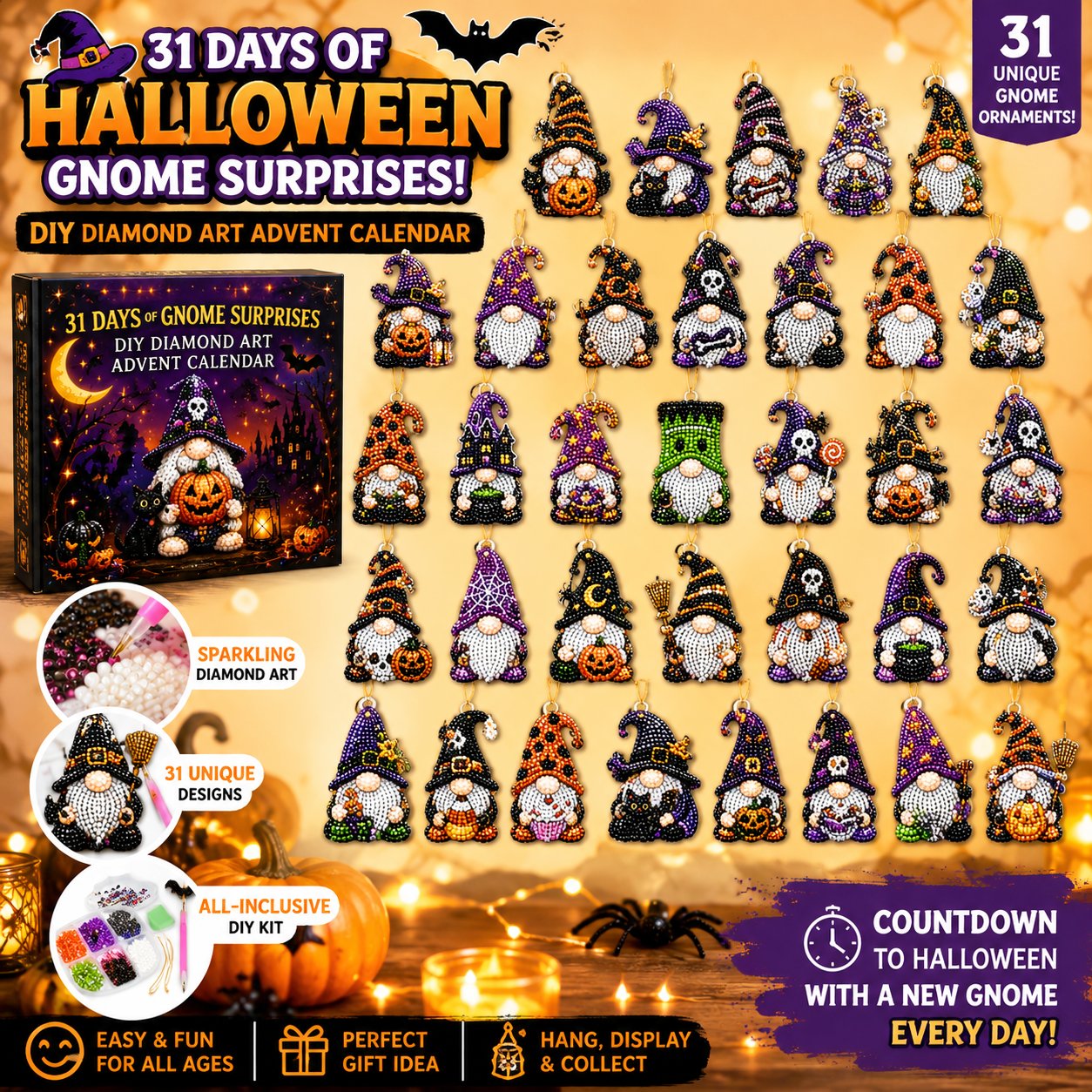 🔥HOT SALE 49% OFF - 🎃✨ 31 Days of Gnome Surprises Halloween Diamond Painting Advent Calendar