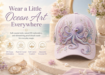 🌊 Ocean Sea Creature Pattern Cap | Pearl & Crystal Accent Adjustable Hat for Beach, Travel & Everyday Wear
