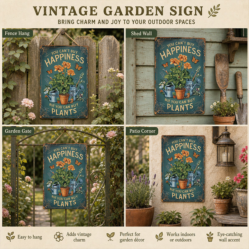 🌿🪴 Vintage Metalen Tuinbord "Je kunt geen geluk kopen, maar je kunt wel planten kopen" 🌼
