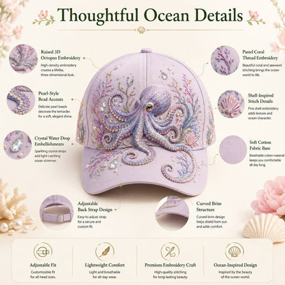 🌊 Ocean Sea Creature Pattern Cap | Pearl & Crystal Accent Adjustable Hat for Beach, Travel & Everyday Wear