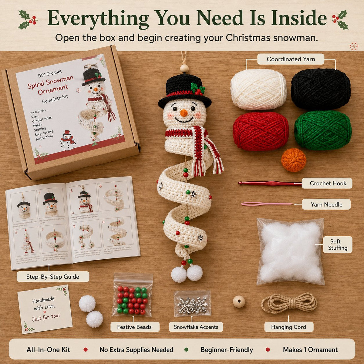 🔥 LAST DAY 49% OFF – ☃️ Crochet Snowman Spiral Ornament DIY Kit | Complete Beginner-Friendly Set with Soft Yarn, Crochet Hook, Festive Beads, Snowflakes & Step-by-Step Guide 🧶🎄✨