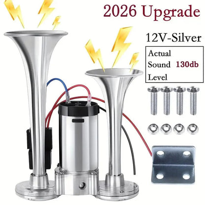 🚗🔧2026 Upgraded 12V Dual Air Horn Kit – 130DB Super Loud Dual Horn with Compressor for Cars, Trucks, SUVs, Boats & More