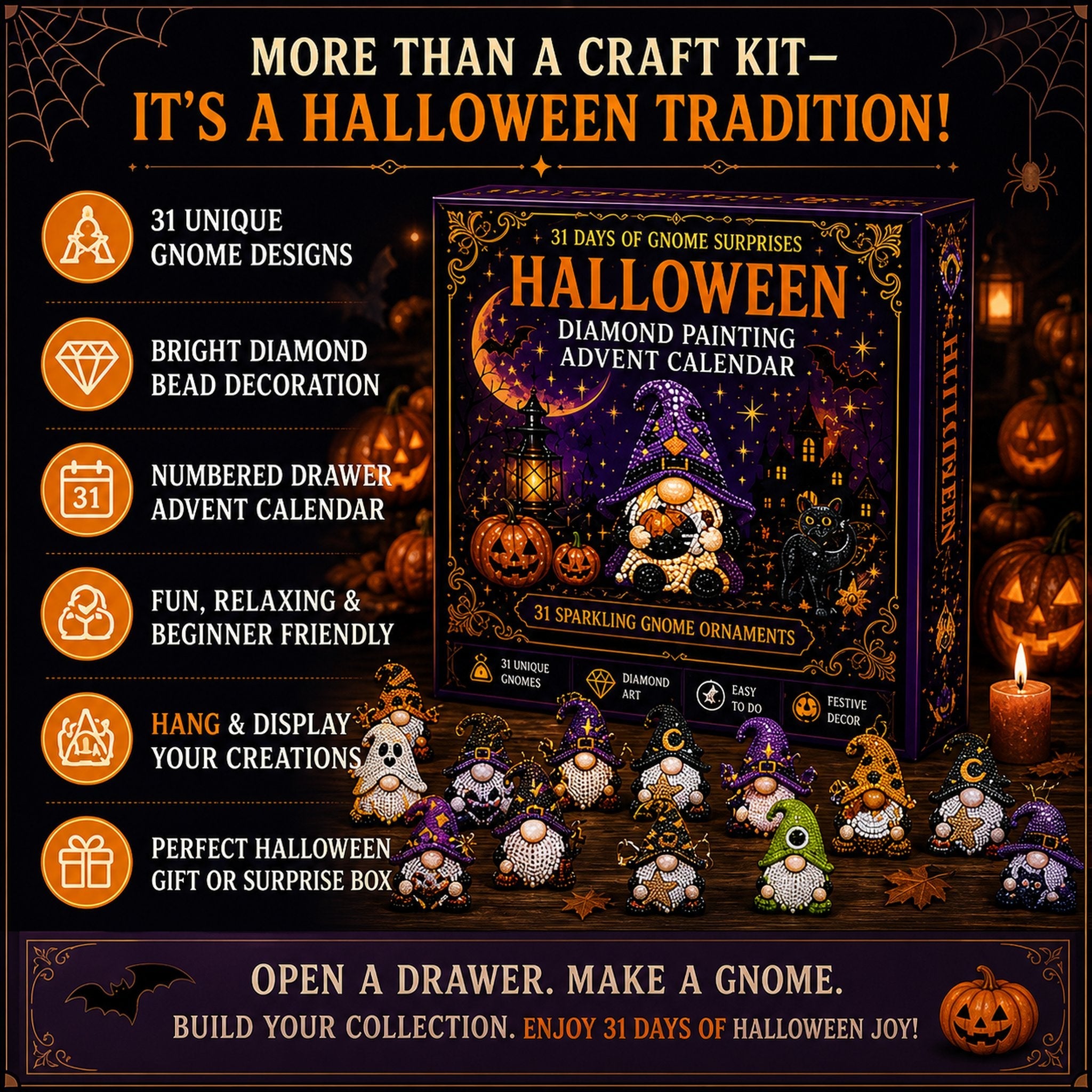 🔥HOT SALE 49% OFF - 🎃✨ 31 Days of Gnome Surprises Halloween Diamond Painting Advent Calendar