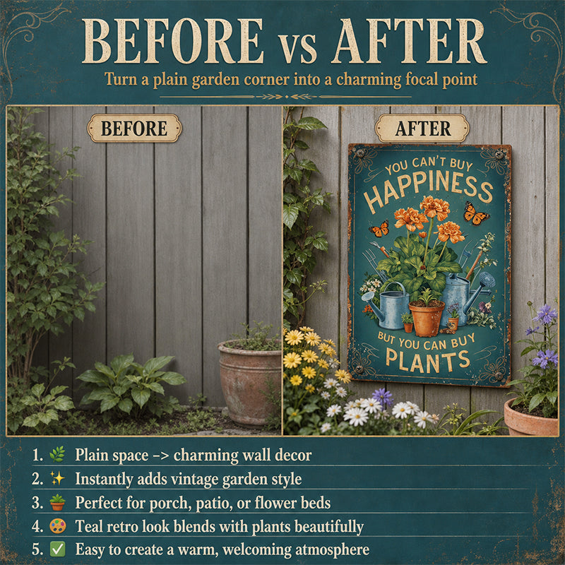 🌿🪴 Vintage Metalen Tuinbord "Je kunt geen geluk kopen, maar je kunt wel planten kopen" 🌼