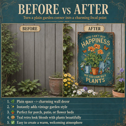 🌿🪴 Vintage Metalen Tuinbord "Je kunt geen geluk kopen, maar je kunt wel planten kopen" 🌼