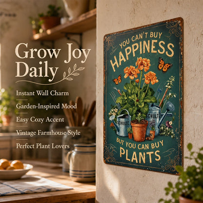 🌿🪴 Vintage Metalen Tuinbord "Je kunt geen geluk kopen, maar je kunt wel planten kopen" 🌼