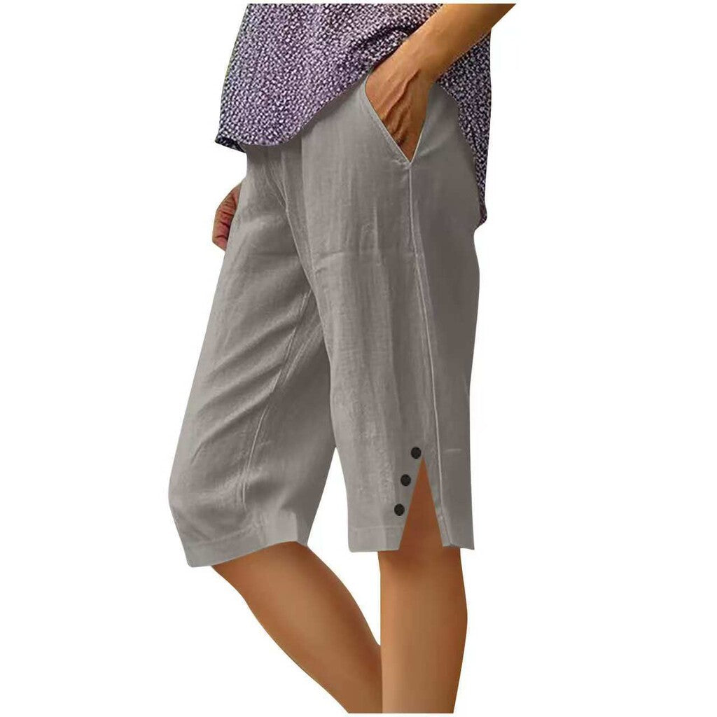 ?Women's Casual Solid Color Pocket Capri Pants
