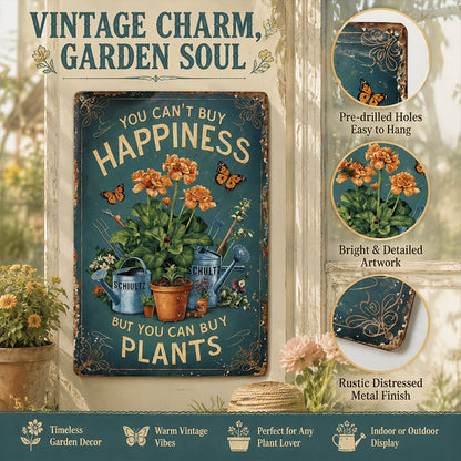 🌿🪴 Vintage Metalen Tuinbord "Je kunt geen geluk kopen, maar je kunt wel planten kopen" 🌼