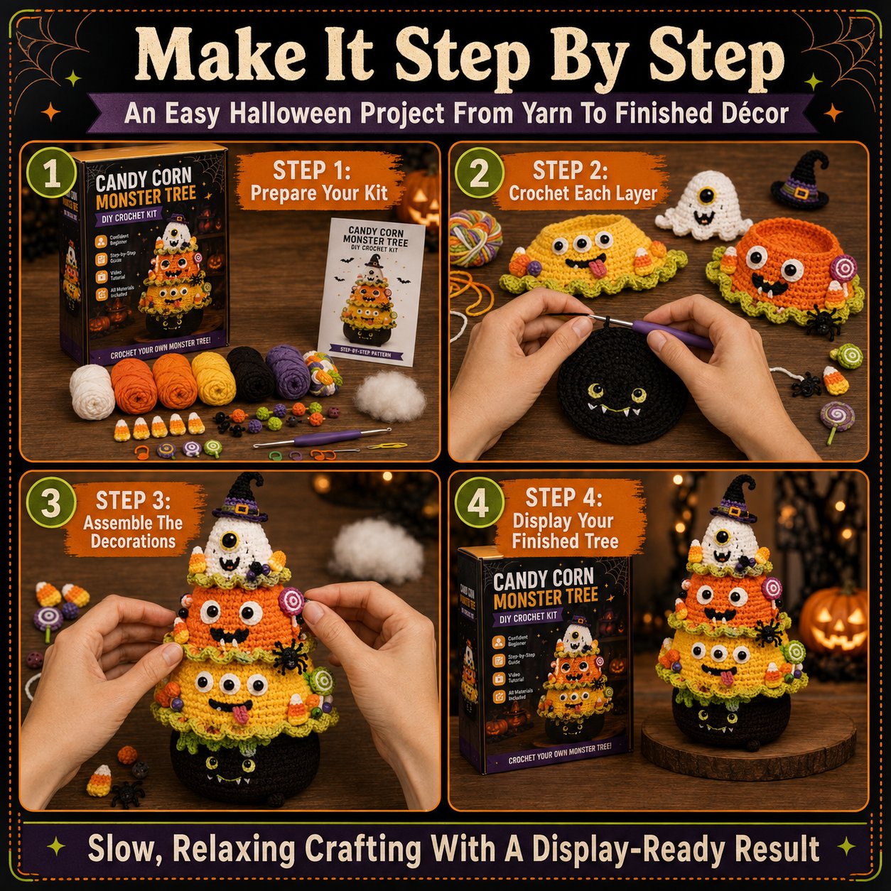 👻Halloween Tree DIY Crochet Kit 🧶| ✨All-In-One Kit for a Layered 7-Inch Spooky Tabletop Decoration