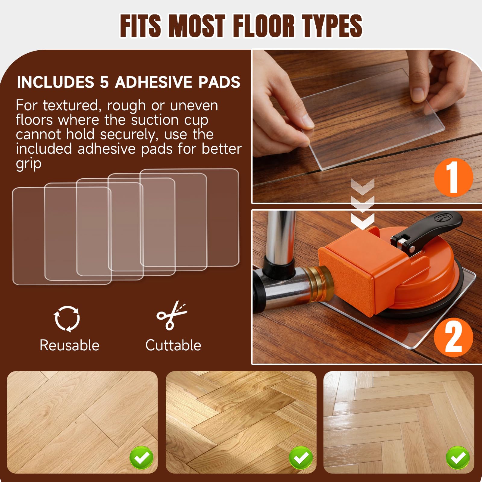 Heavy Duty Floor Gap Fixer Tools with Suction Cup & 5 Non-Slip Pads