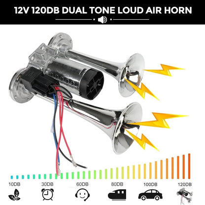 🚗🔧2026 Upgraded 12V Dual Air Horn Kit – 130DB Super Loud Dual Horn with Compressor for Cars, Trucks, SUVs, Boats & More