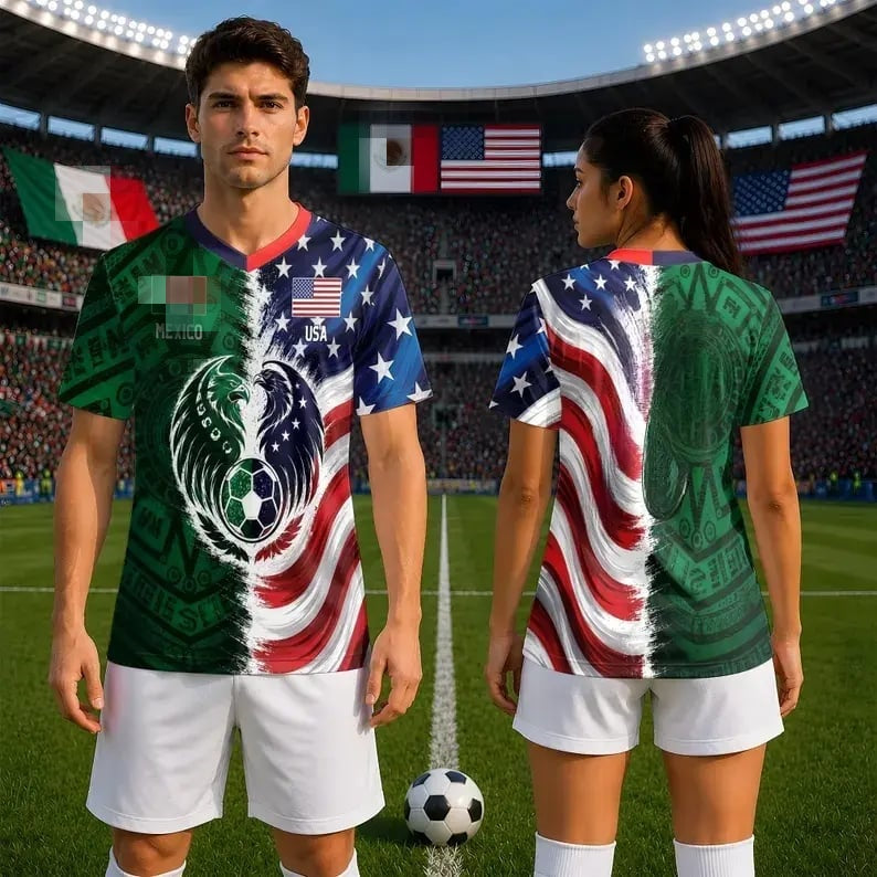 Full Half USA Half Mexico Flag Split Print Soccer Jersey