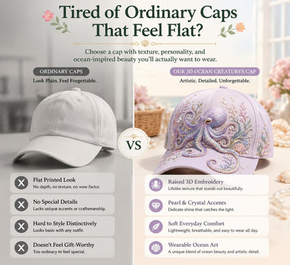 🌊 Ocean Sea Creature Pattern Cap | Pearl & Crystal Accent Adjustable Hat for Beach, Travel & Everyday Wear