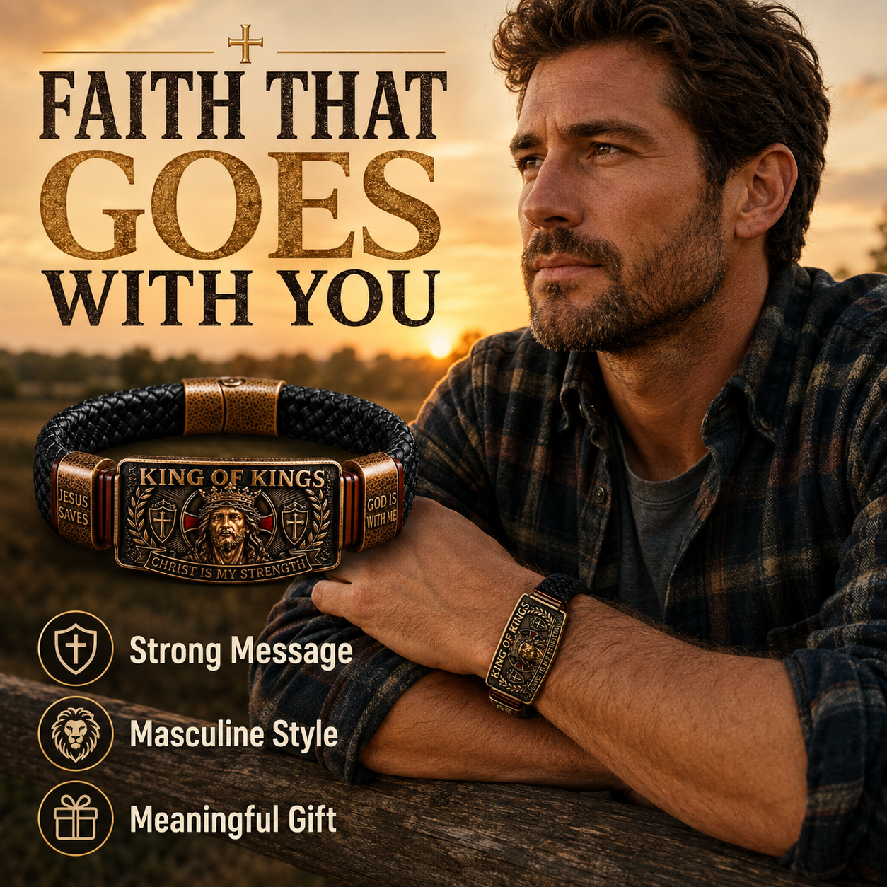 CHRIST IS MY STRENGTH：King of Kings Adjustable Braided Leather Bracelet✝️