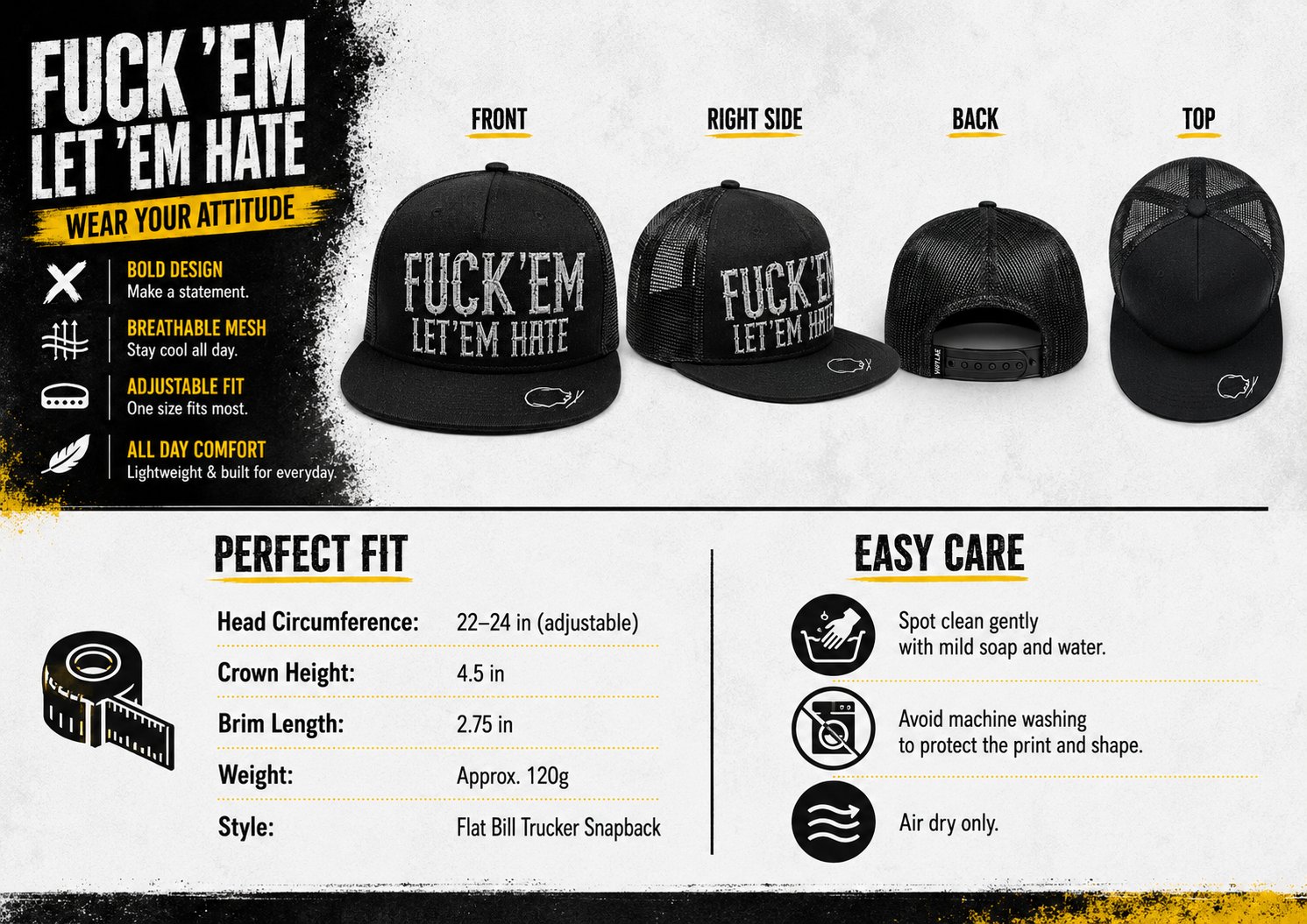 😂🛠️"FUCK EM" LET ’EM HATE Black Snapback Hat – Bold Side Print Mesh Trucker Cap, Flat Bill Streetwear Hat for Men & Women🧢