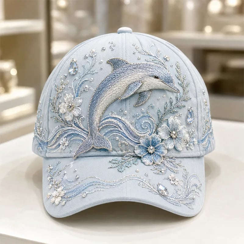 🌊 Ocean Sea Creature Pattern Cap | Pearl & Crystal Accent Adjustable Hat for Beach, Travel & Everyday Wear