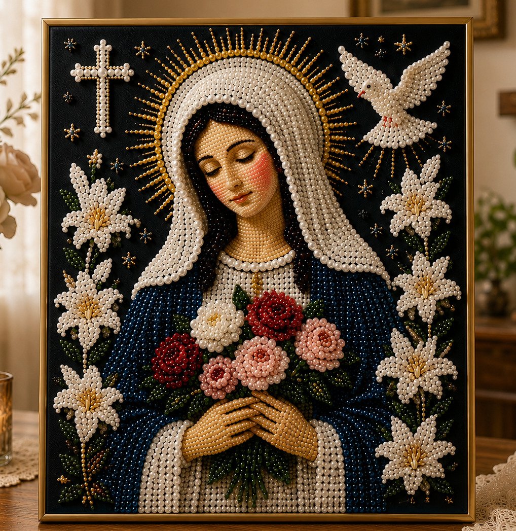 🎉🙏 Divine Pearl Bead Virgin Mary Icon – A Peaceful DIY Faith Art Gift ✨