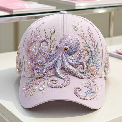 🌊 Ocean Sea Creature Pattern Cap | Pearl & Crystal Accent Adjustable Hat for Beach, Travel & Everyday Wear