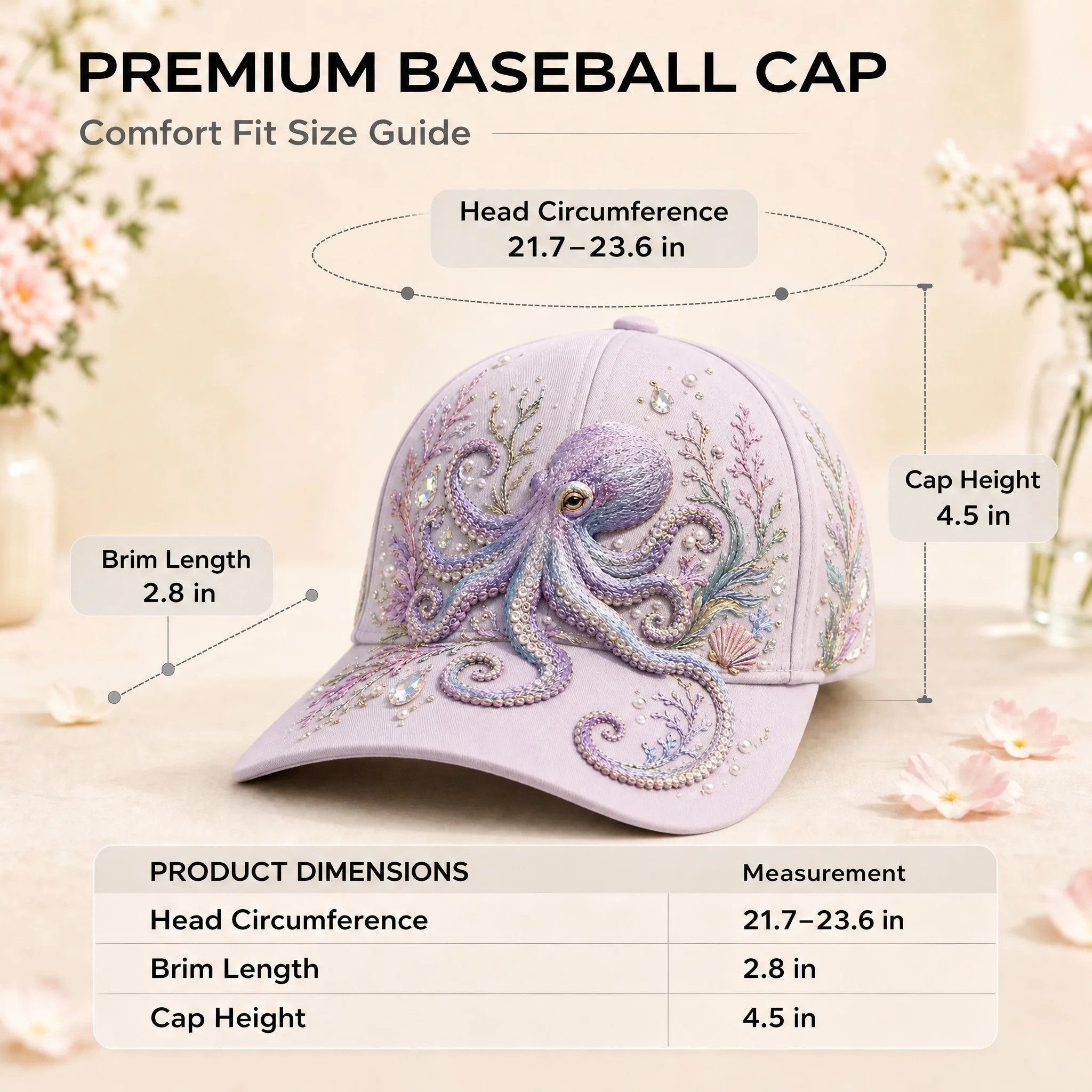 🌊 Ocean Sea Creature Pattern Cap | Pearl & Crystal Accent Adjustable Hat for Beach, Travel & Everyday Wear