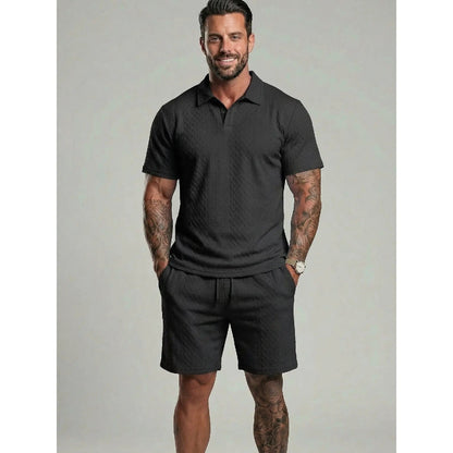 ⚡Hot Sales 49% OFF🔥Men's Solid Polo Shirt & Drawstring Waist Shorts Set Cozy Breathable Two-piece Outfits for Daily Outdoor Wear
