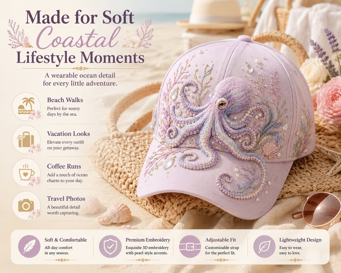 🌊 Ocean Sea Creature Pattern Cap | Pearl & Crystal Accent Adjustable Hat for Beach, Travel & Everyday Wear