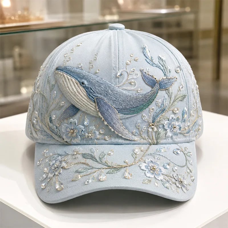 🌊 Ocean Sea Creature Pattern Cap | Pearl & Crystal Accent Adjustable Hat for Beach, Travel & Everyday Wear