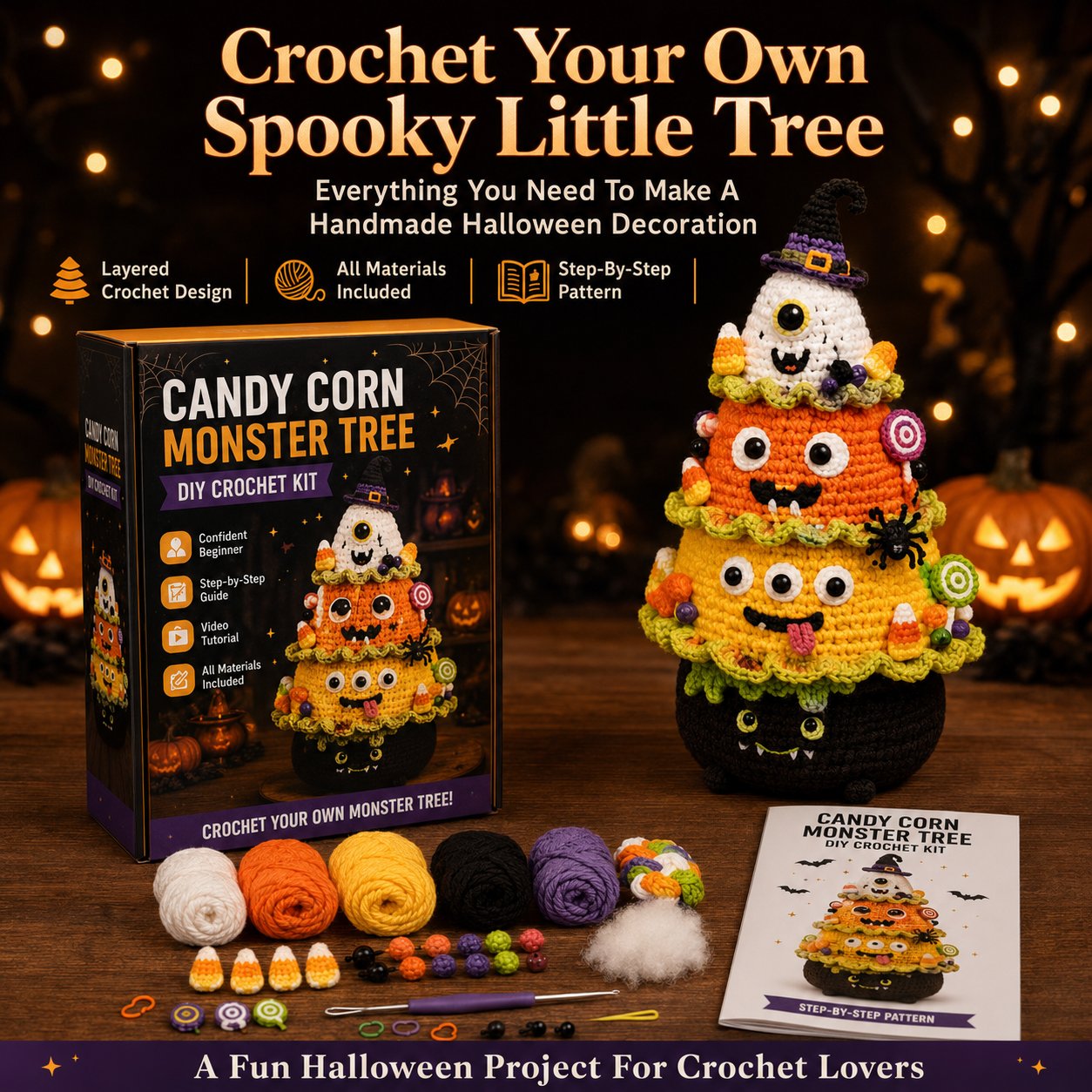 👻Halloween Tree DIY Crochet Kit 🧶| ✨All-In-One Kit for a Layered 7-Inch Spooky Tabletop Decoration