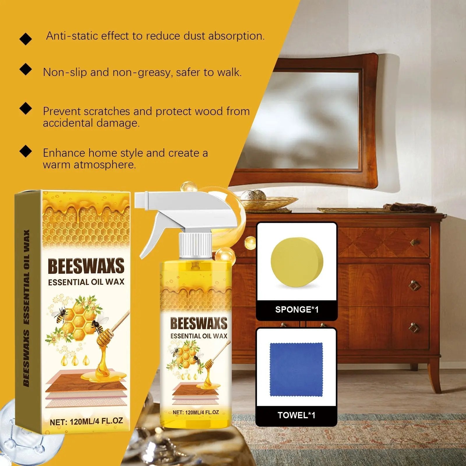 Beeswax-Wood-Polish-Spray 120ml | Natural Shine & Protection for Furniture, Floors, Cabinets – Non-Greasy, Anti-Dust Finish