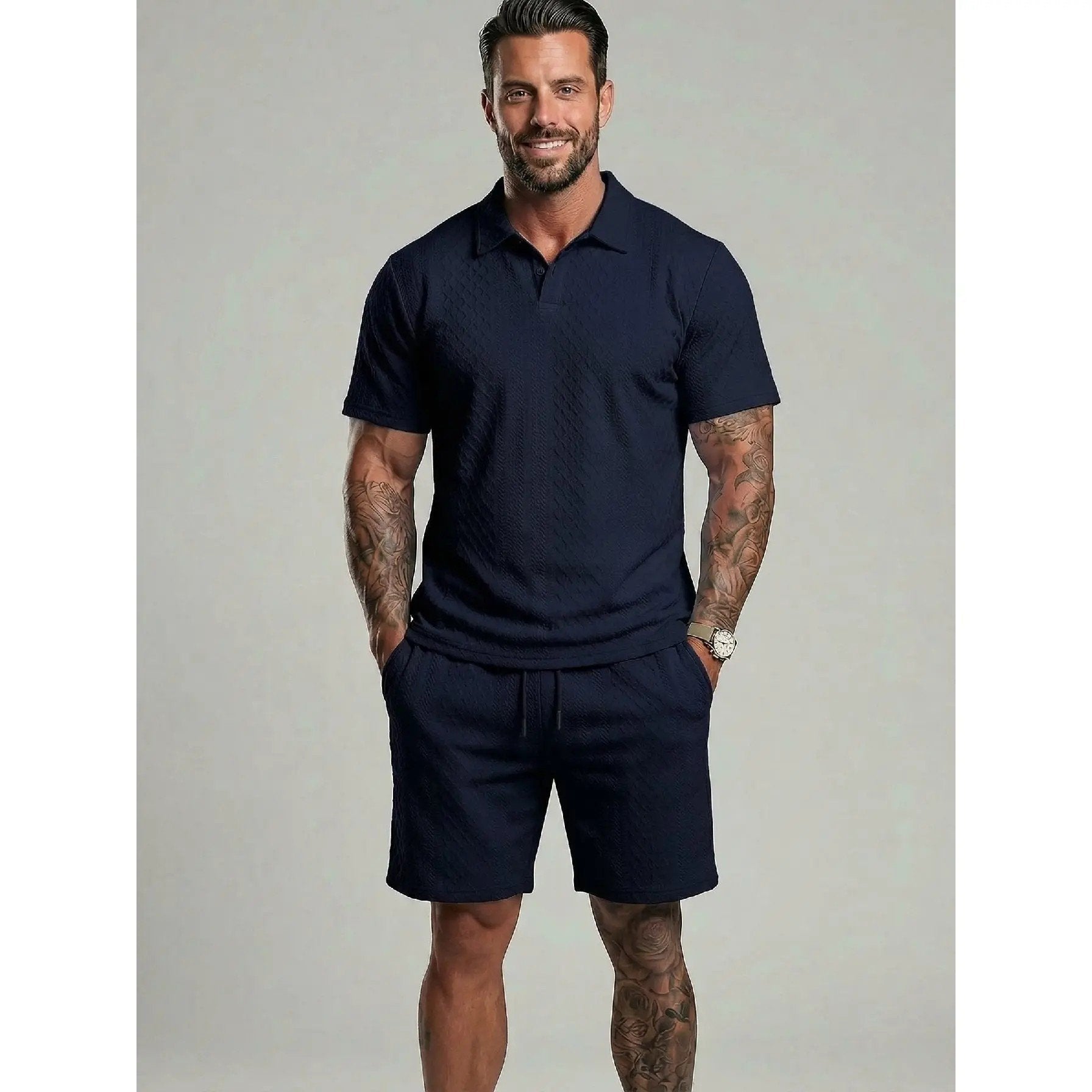 ⚡Hot Sales 49% OFF🔥Men's Solid Polo Shirt & Drawstring Waist Shorts Set Cozy Breathable Two-piece Outfits for Daily Outdoor Wear